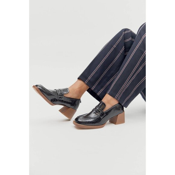 Urban Outfitters Lucy Croc Shiney Slip-on Faux Leather Loafer Block Heel Size 7 - Picture 2 of 14